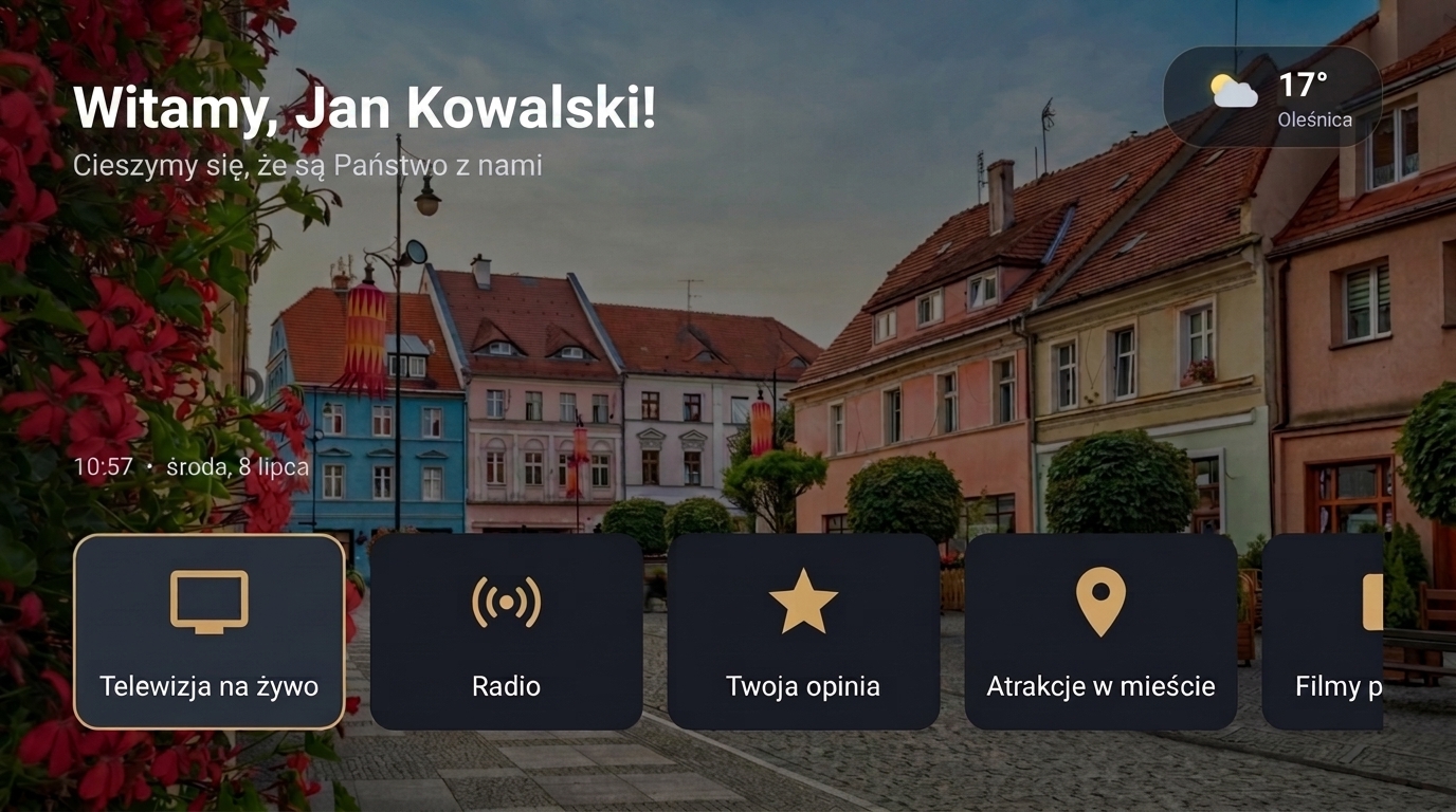 Ekran powitalny Hotel TV: Witamy, Jan Kowalski — pogoda i menu pokoju