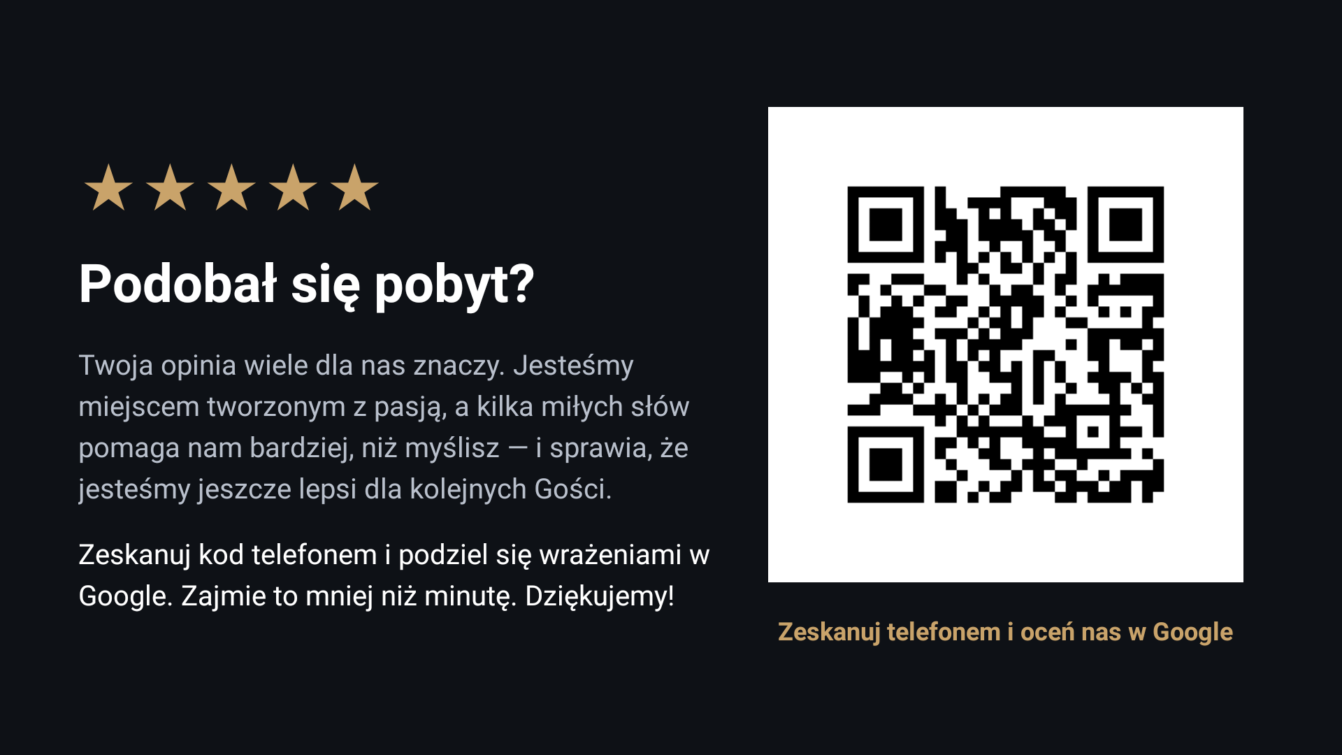 Ekran z prośbą o opinię i kodem QR prowadzącym do recenzji