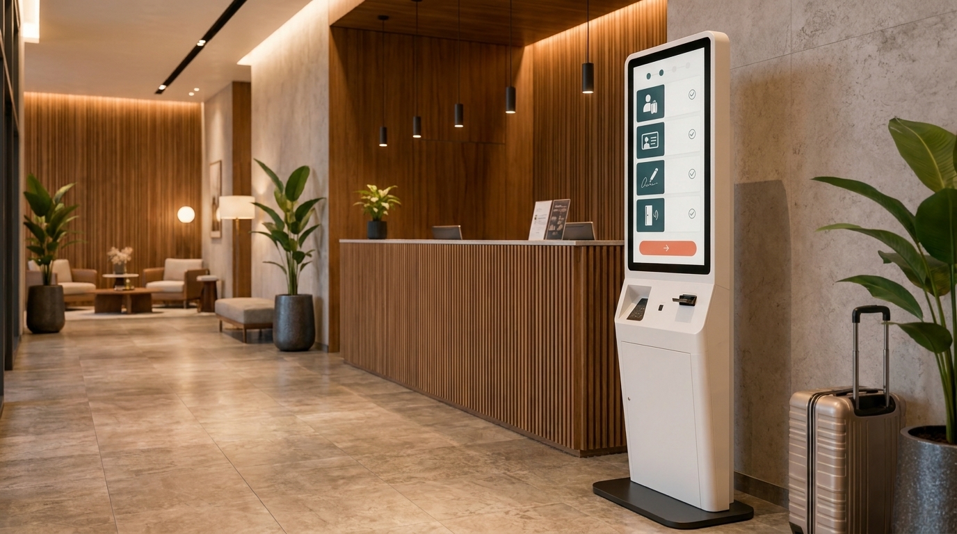 Kiosk samoobsługowy do check-inu w lobby hotelu